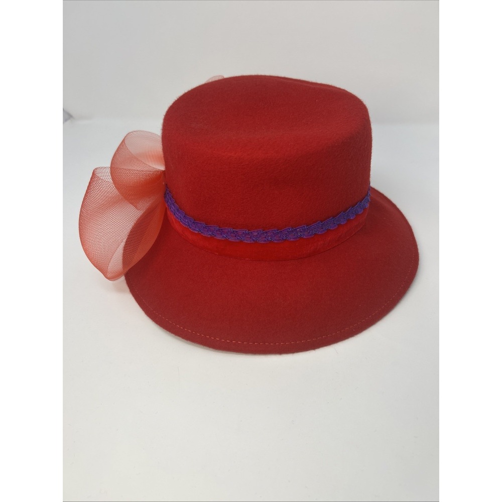 Kathy Jeanne Vtg Red 100% Wool Felt Cloche Bucket Hat Purple Trim Organza Bow